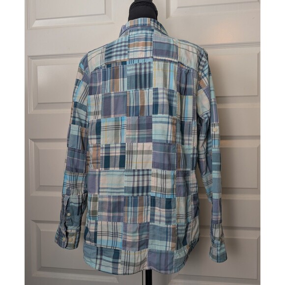 LL Bean Size L Patchwork Madras Plaid Button Down Blouse Cotton Boho Preppy - Picture 3 of 14